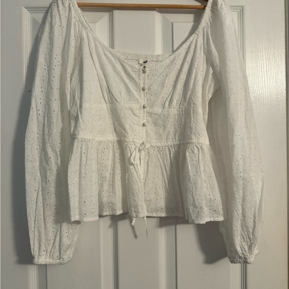 Aerie White Eyelet Long-Sleeve Peplum Top